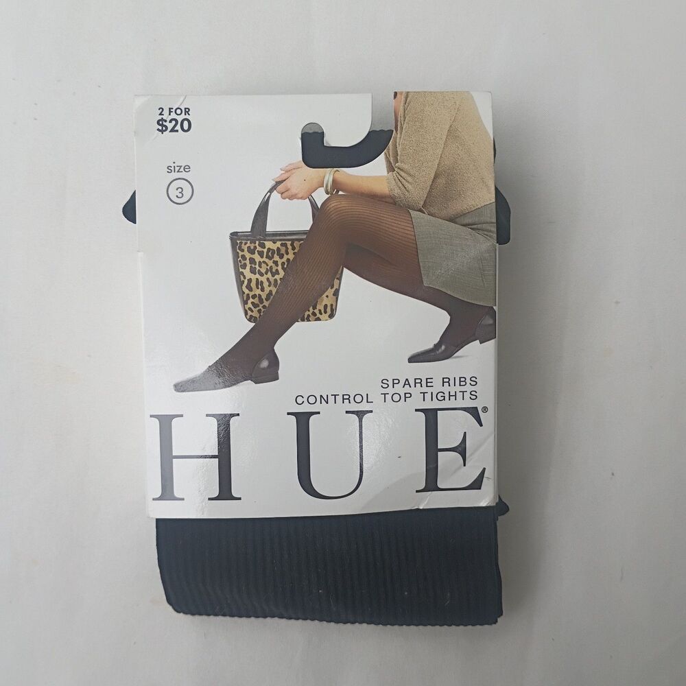 Vintage New HUE Women's Spare Rib Control Top Tights SIZE 3- Black